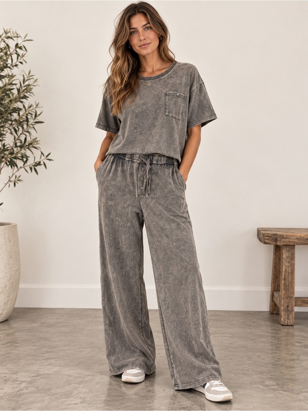New Eesome  Wide-Leg pants top set in Washed Gray Small and Large